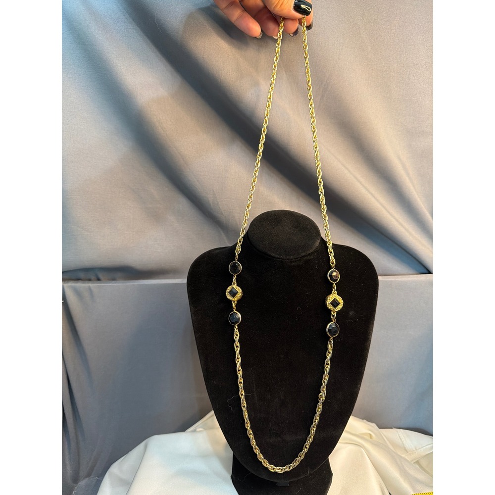 Vintage Gold Tone Long Station Necklace Black Stones Diamond Textured 32 Inch